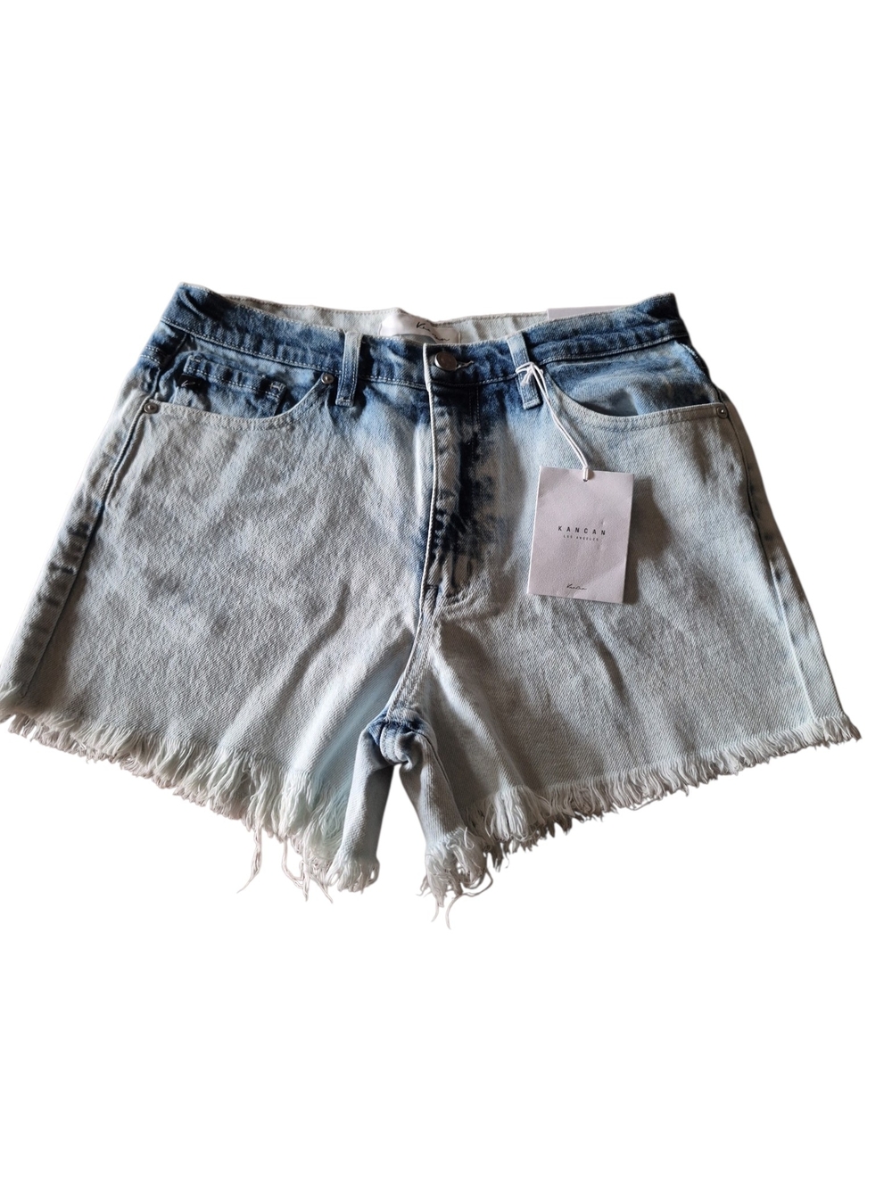 Kancan Frayed Hem Two-Tone Denim Shorts